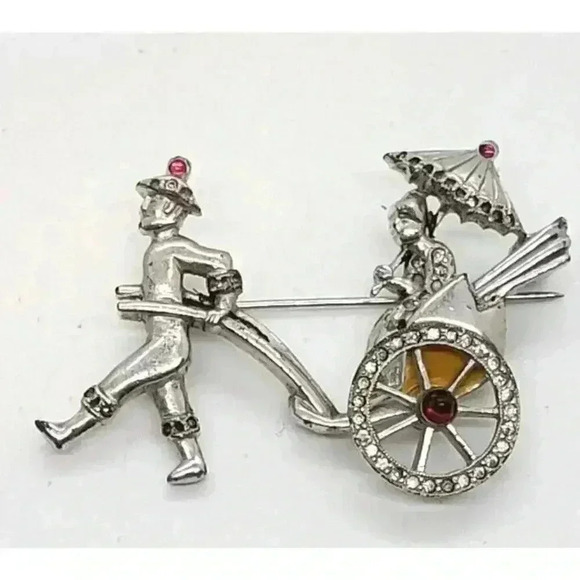 Vintage Rare Authentic DuJay Rickshaw Brooch Parasol Lady Rickshaw Man Moves - Picture 1 of 10